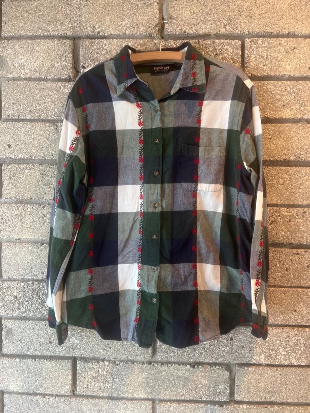 Krazy Kat Plaid Button-Up Shirt With Embroidered Floral Accents 100% Cotton Size